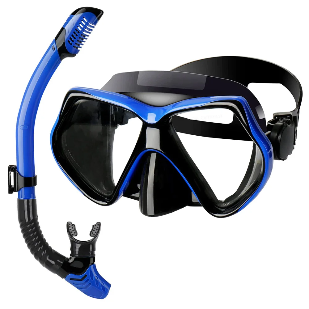 Dry Snorkel Set Diving Mask Scuba Swimming Goggles Anti-Leak Anti-Fog Wide View Tempered Glass Lens Adjustable Strap Adult Youth