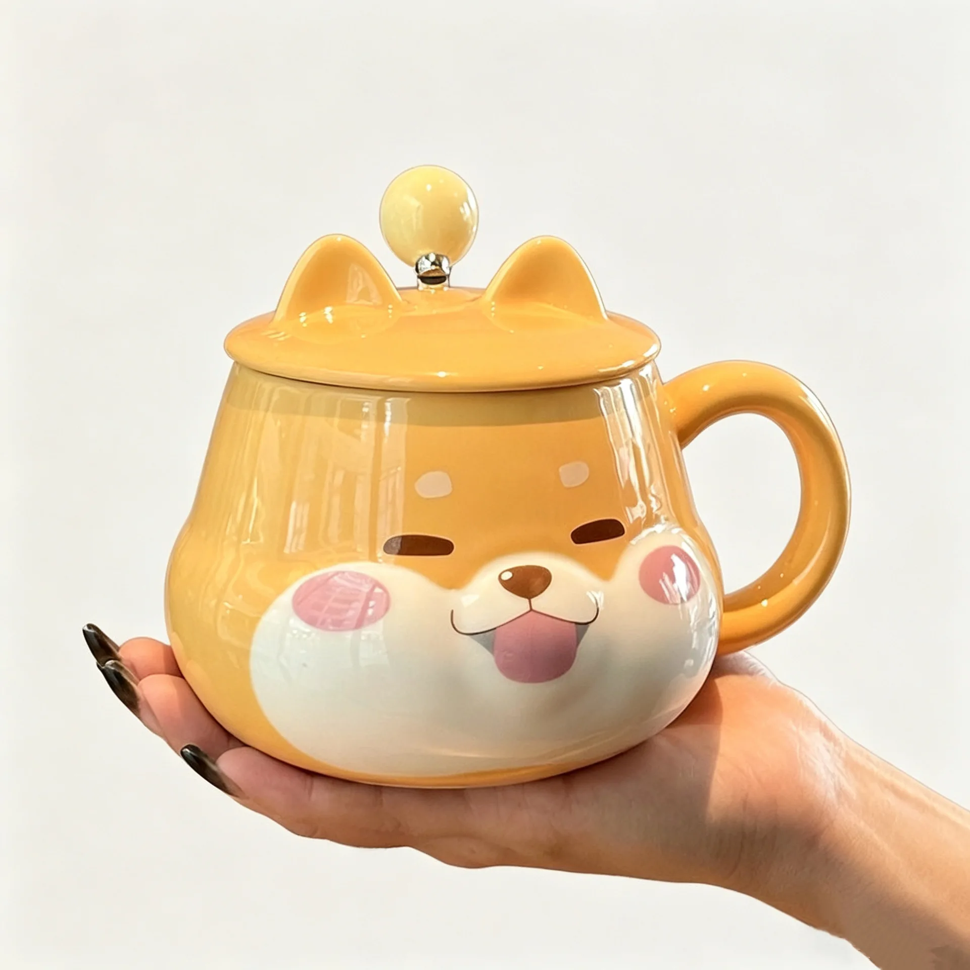 Kreative Hochwertige Shiba Inu Keramiktasse mit Deckel und Löffel, Haushaltskaffeetassen, Paar-Tassen als Geburtstagsgeschenk, Teetasse, Kawaii-Becher
