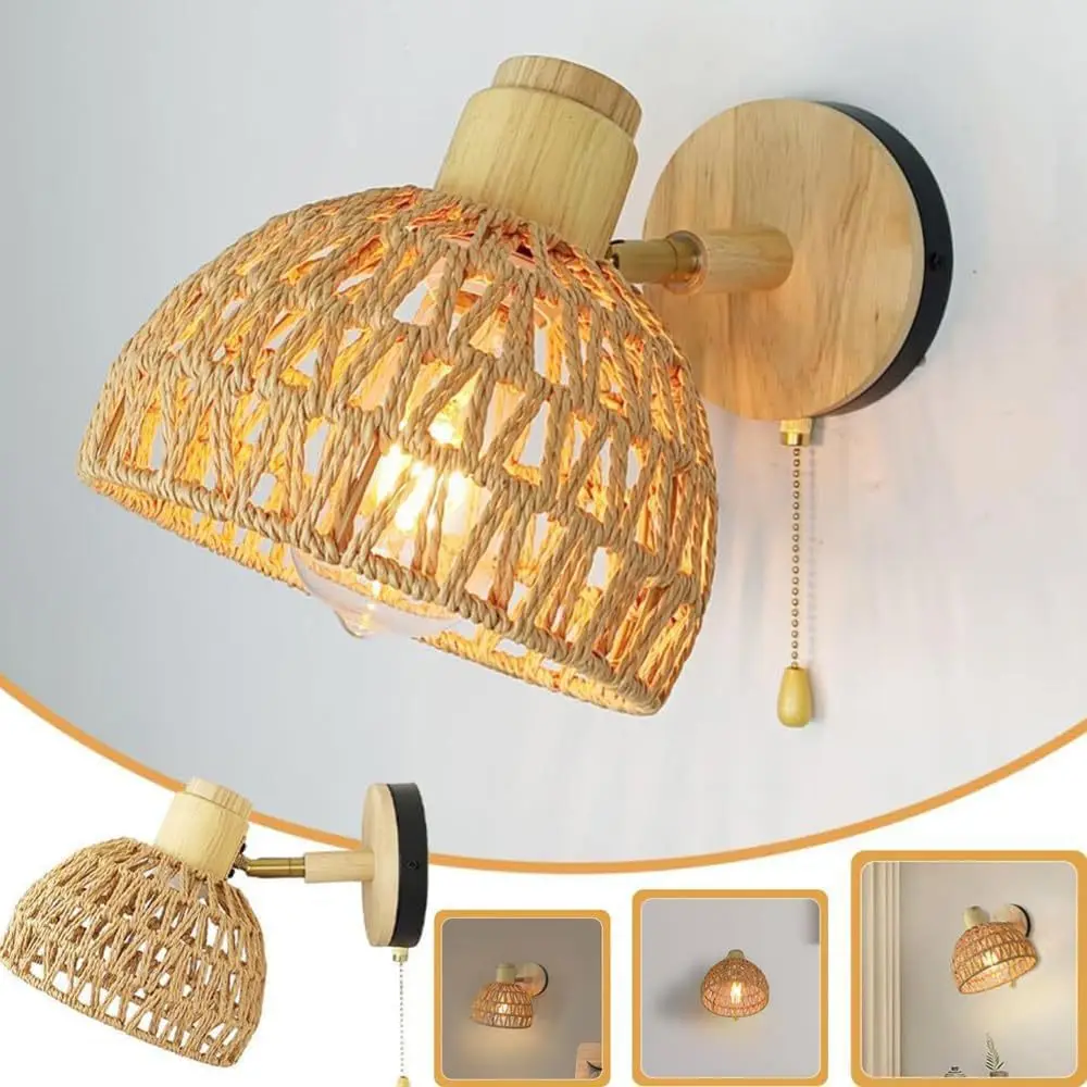 

Прикроватное зеркало для спальни, переднее бра из ротанга, фермерский дом, кантри, бумажная молния из ротанга, тканый настенный светильник