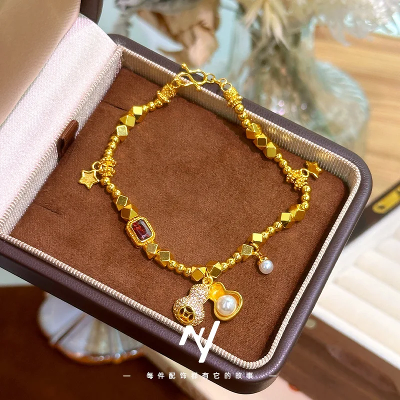 

Luxury 9999 24K Real Gold Pearl Gourd DIY Bracelet Micro-Inlaid Zirconia Money Gourd Ruby Bracelet Niche Women