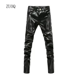 Nowe zimowe męskie spodnie skinny Biker Pu skórzane spodnie główna ulica modne spodnie motocyklowe dla mężczyzn odzież klubowa scenicznego