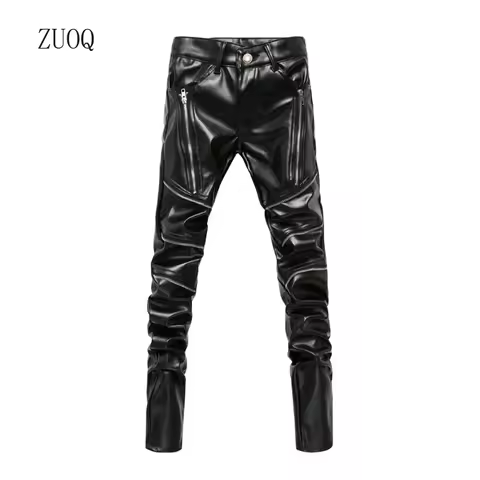 New Winter Men Skinny Biker Pu Leather Pants High Street Fashion Motorcycle Trousers for Male Stage Club Wear