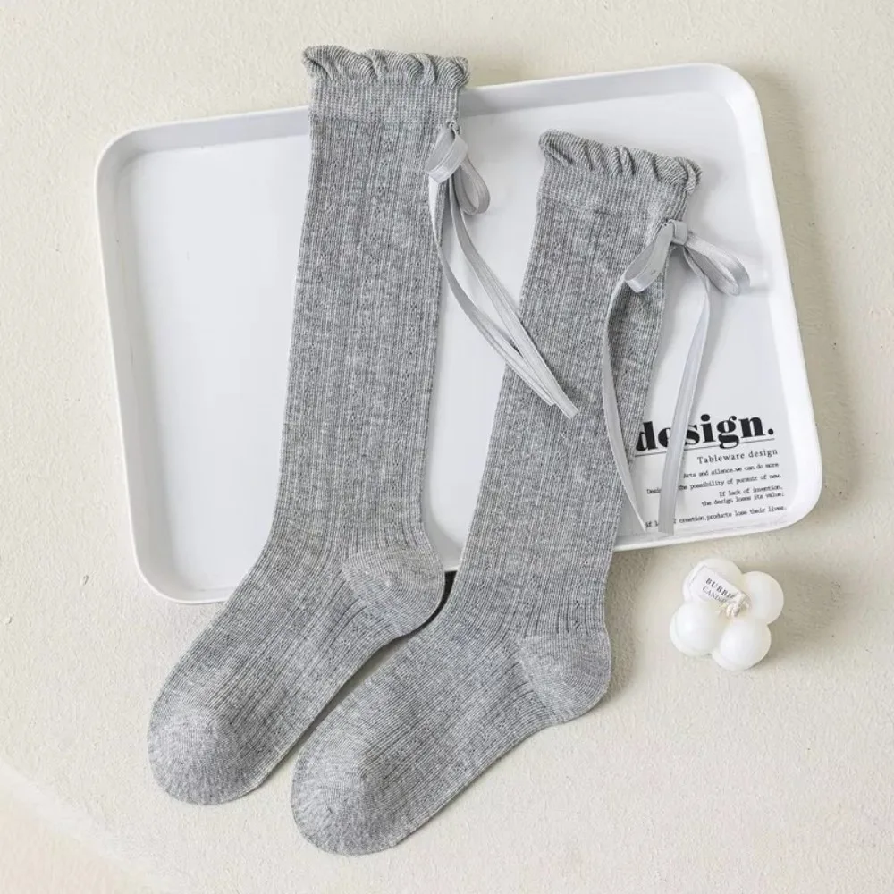 1 Pair Bow Design Mesh Long Socks Thin Solid Color Knee High Socks Soft Long Length Girl Socks 3-12Years Girls