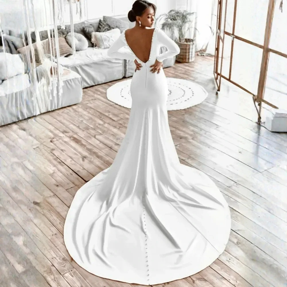 Luxury Mermaid Special Dress Sexy Crystal beaded V-neck backless sexy Long sleeve elastic satin women's wedding dress 2024