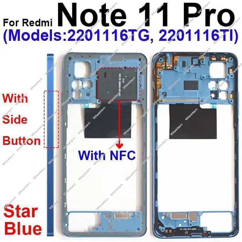 For Xiaomi Redmi Note 11 Pro 5G 21091116I, 2201116SG Middle Housing Front LCD Frame Cover With/Without NFC