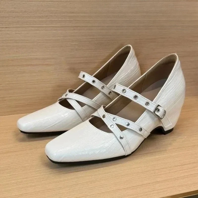 

Women's 2026 Spring New Shallow Mouth One Buckle Square Toe High Heels French Retro Style Mary Jane Single Shoes