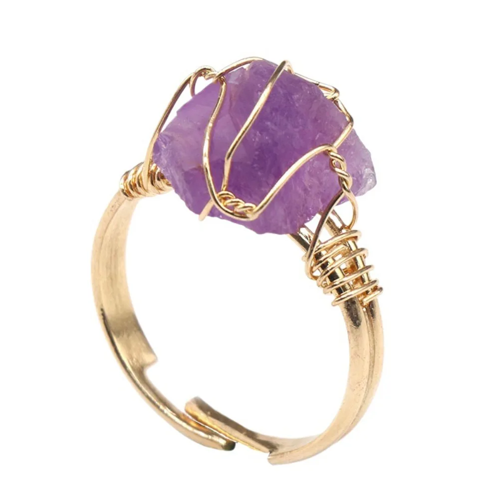 

Wire Wrapped Raw Stone Open Rings, Healing Crystal Adjustable Rings for Women Men