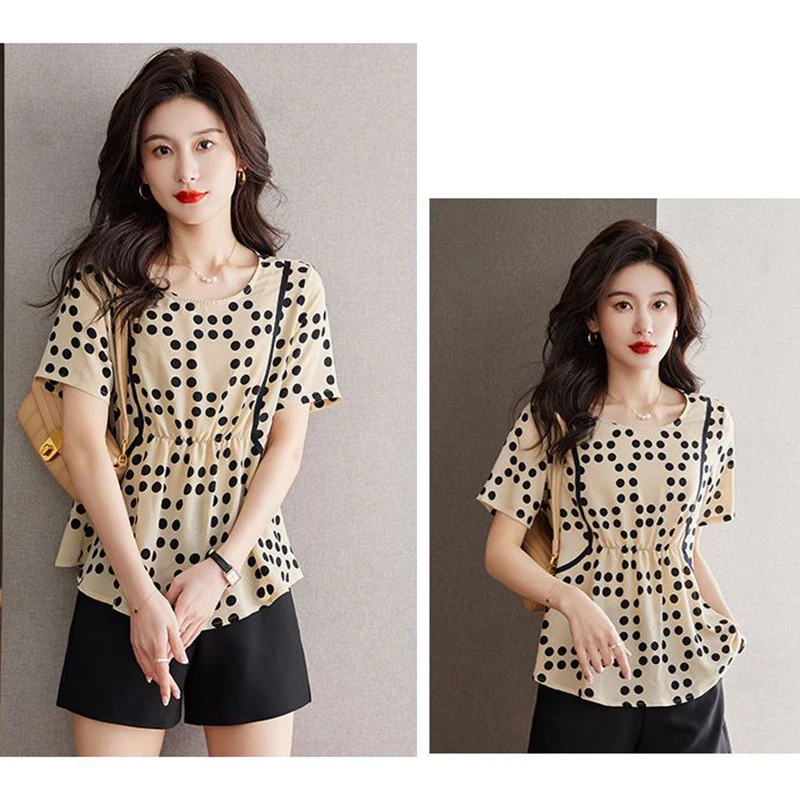 Elegant O-Neck Spliced Folds Polka Dot Chiffon Blouses Women\'s Clothing 2024 Summer New Loose Chic Tops Office Lady Shirts