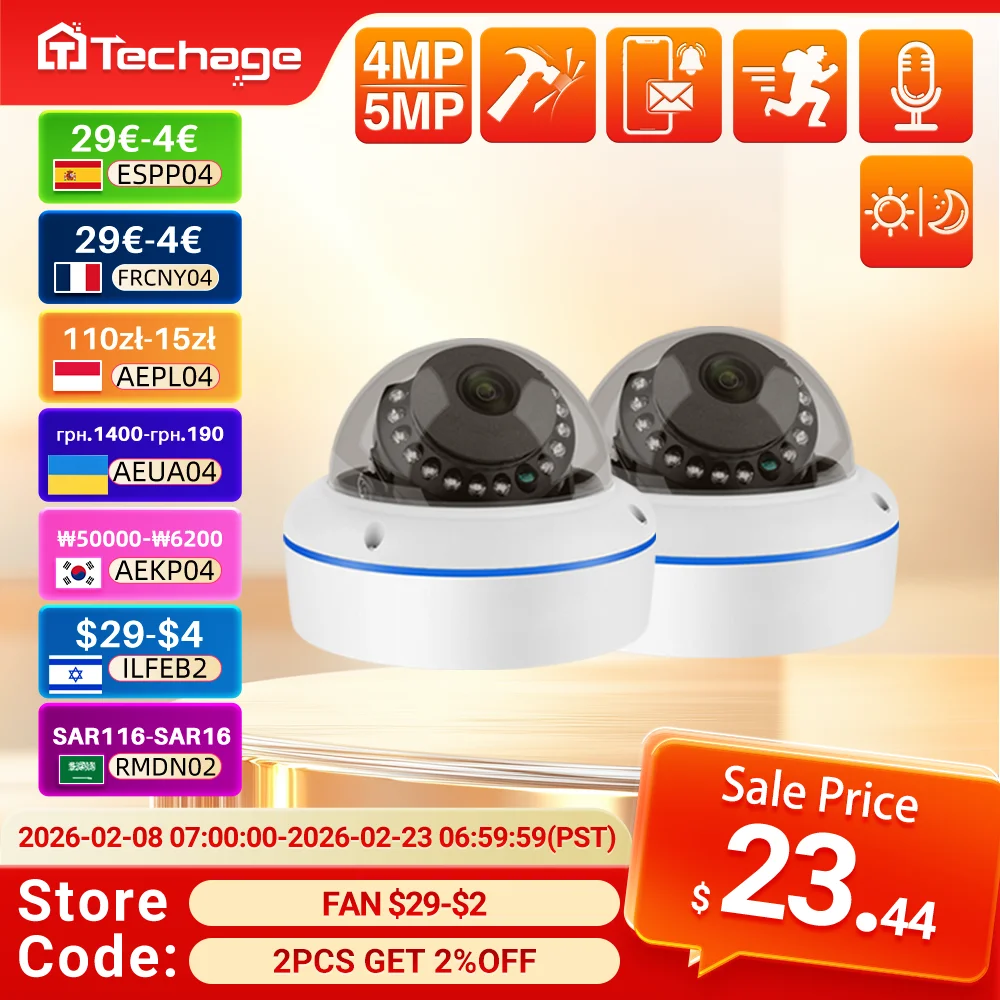 

Techage HD 5MP Security POE IP Camera Indoor Dome Vandal-proof Home Infrared Night Vision One-way Audio AI Detection Smart Cam
