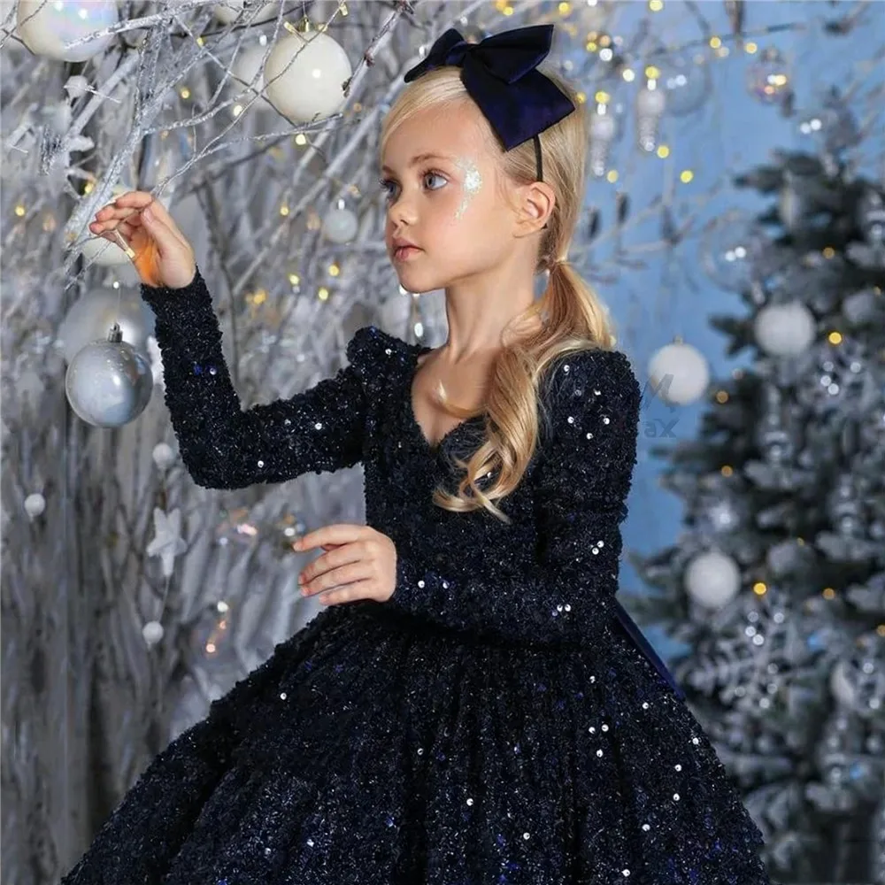 

Luxury Flower Girl Wedding Dress Sequins with Bow Full Sleeves Baby Birthday Party Pageant Kids Holy Communion Gown Customized