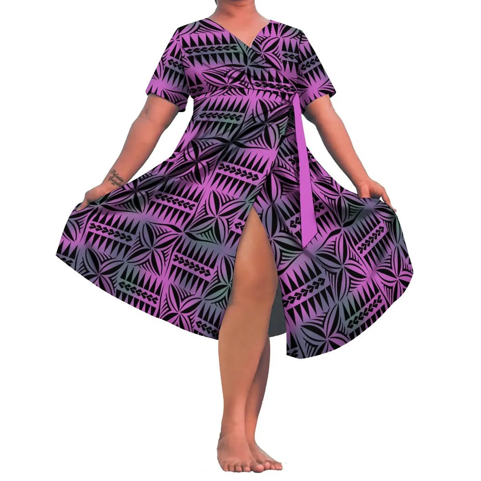 Vestido largo de manga corta para mujer, estampado Tribal polinesiano, Hawaiano, suelto, abertura, moda de verano