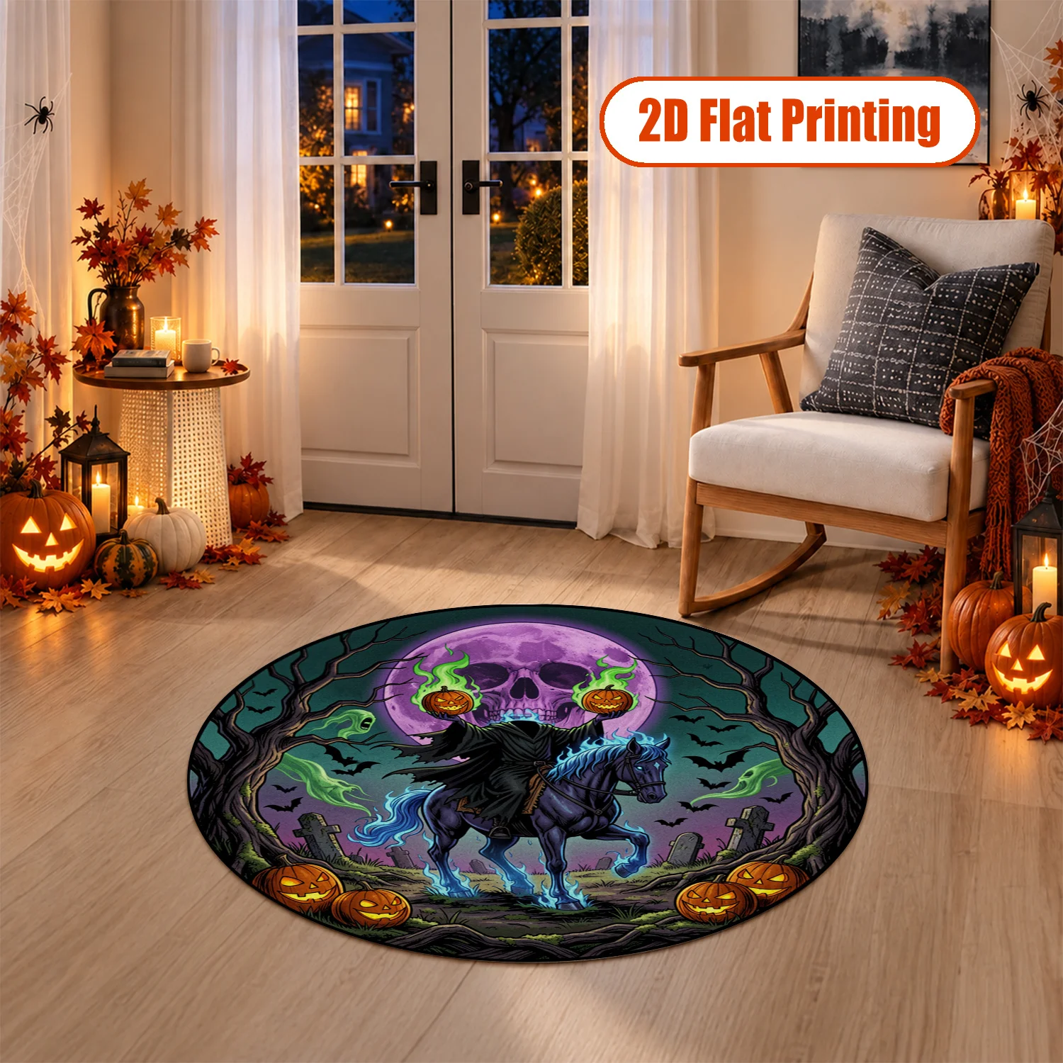 Halloween Headless Horseman Pumpkin Moon Bat Graveyard Pattern Round Velvet Area Rug Machine Washable for Living Room Bedroom Entryway Dining Room Perfect for Halloween Thanksgiving Black Friday Christmas New Year