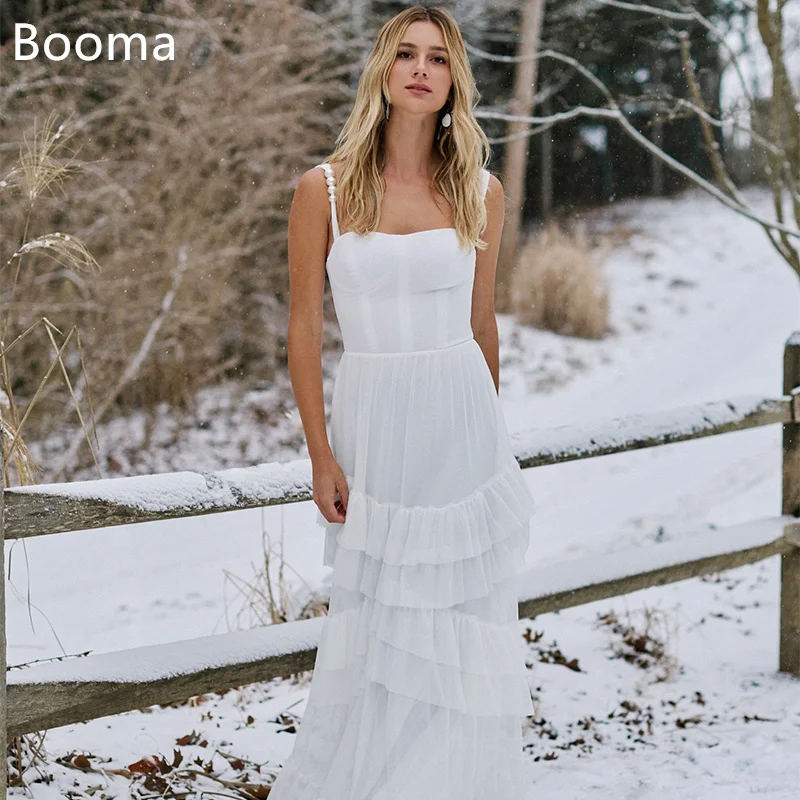 

Booma A-Line Spaghetti Strap Pearls Wedding Dresses chiffon Pleat Corset Elegant Brides Gown Custom Made 2025