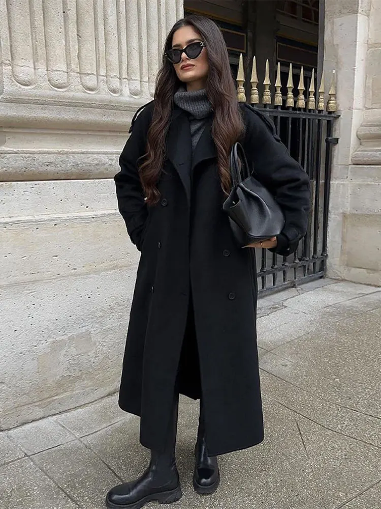 2024 Chic Black Double-breasted Woolen Overcoat With Belt Women Fashion Lapel Collar Long Sleeve Coat Fall Lady New Streetwear ﻿