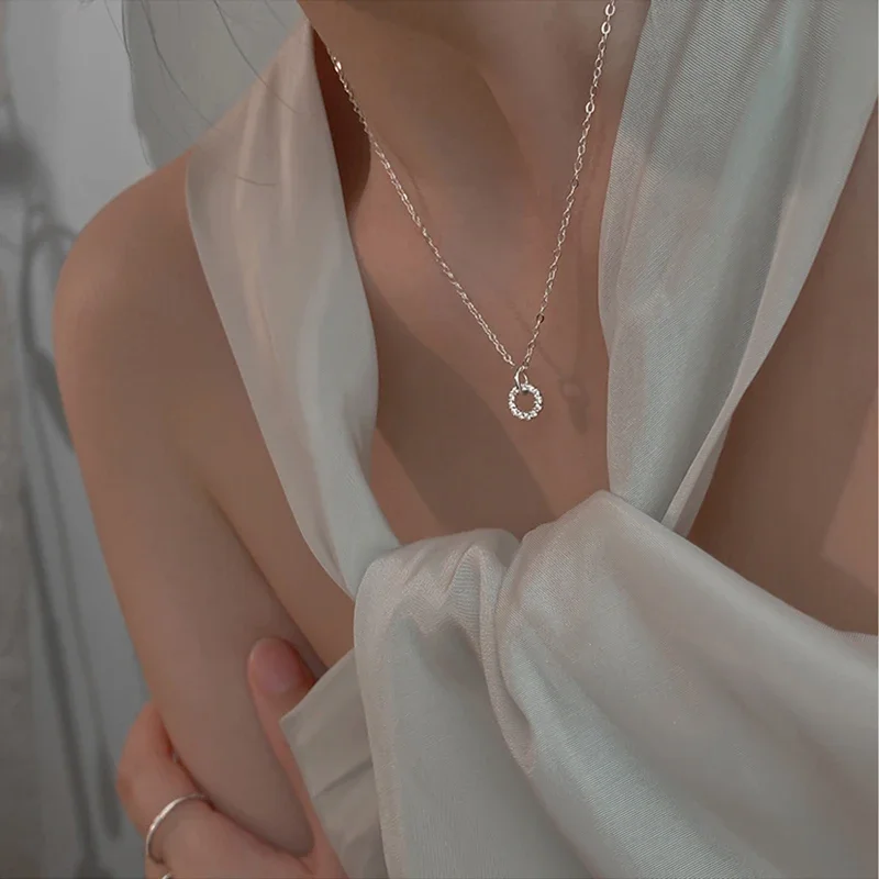 925 Sterling Silver Necklace Flash Diamond Geometric Double Circle Pendant Female Simple Clavicle Chain Wedding Jewelry Gift