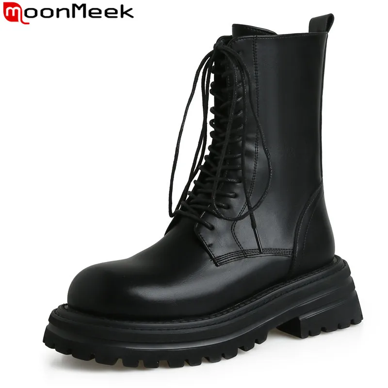 MoonMeek-zapatos de vestir de banda estrecha para mujer, Botines de cuero genuino, botas de plataforma de invierno, tacones medios, gruesos, 2023