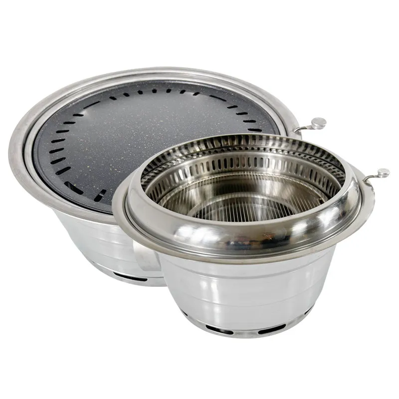 Round Korean Built-in Charcoal BBQ Grill Commercial Restaurant Grill with Water Basin Charcoal Pan Top & Bottom Smoke Exhaust