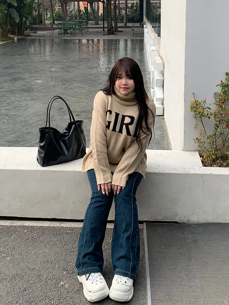 

Large Size Knitted Sweater Soft Candy Loose Overhead Winter New Sle High Collar Mid-Length Loose Fit Crew Ne Long Sve