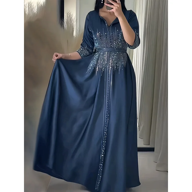 

Высокое качество Ближний Восток мусульманское кованое платье с лапшой горный хрусталь ужин халат мусульманские платья модные абайи