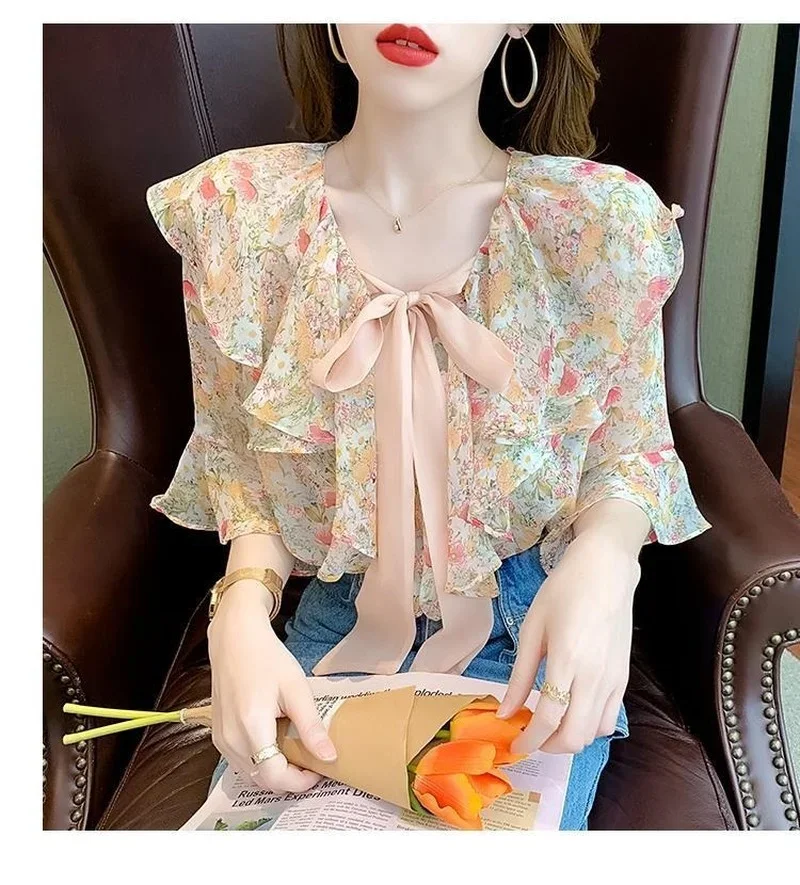 Short Sleeve Chiffon Women's Shirts and Blouses Top for Woman Collar Ruffle Clothing Floral Frill Streetwear Luxury Designer M