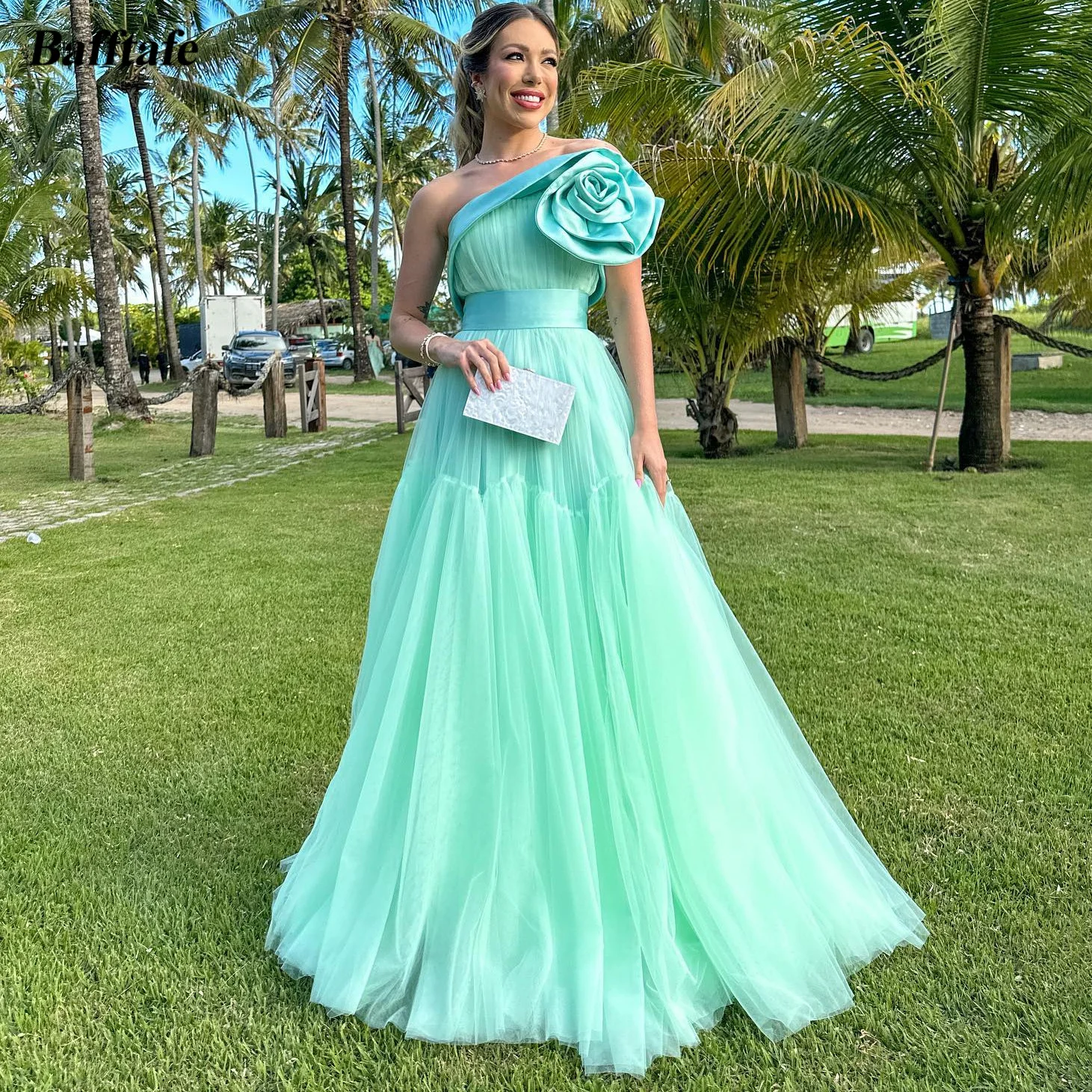 Bafftafe Mint Green Tulle Prom Dresses One Shoulder 3D Flowers Formal Party Evening Dress Customized Women Wedding Photography