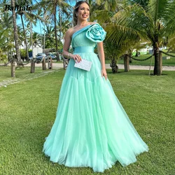 Bafftafe Mint Green Tulle Prom Dresses One Shoulder 3D Flowers Formal Party Evening Dress Customized Women Wedding Photography