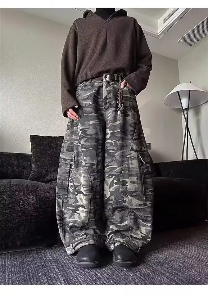 Large Pocket Curved Wide Leg Camouflage Pants Cool Girl Street Straight Bottoms New Trendy Contrast Color High Street Male Trous