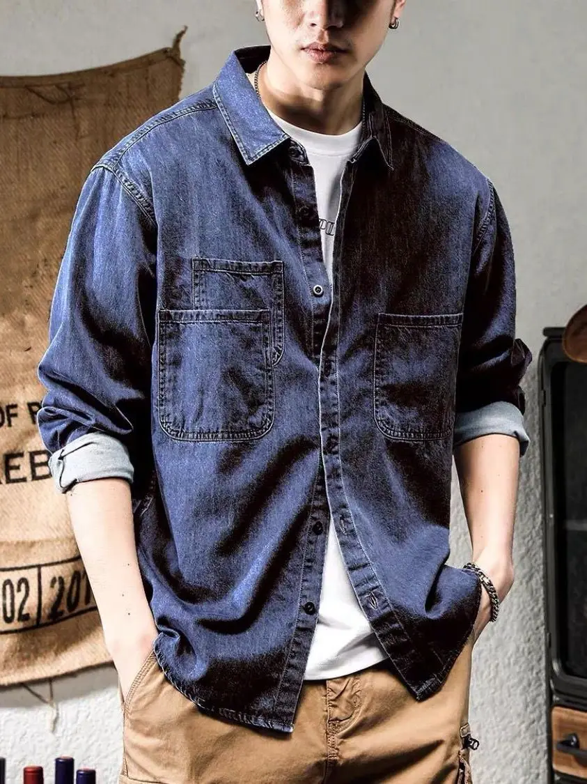 

Fall Faion Casual American Sle Long Sve Denim irt Men's Clothing Versatile Loose Fit Youth Casual irt Jaet