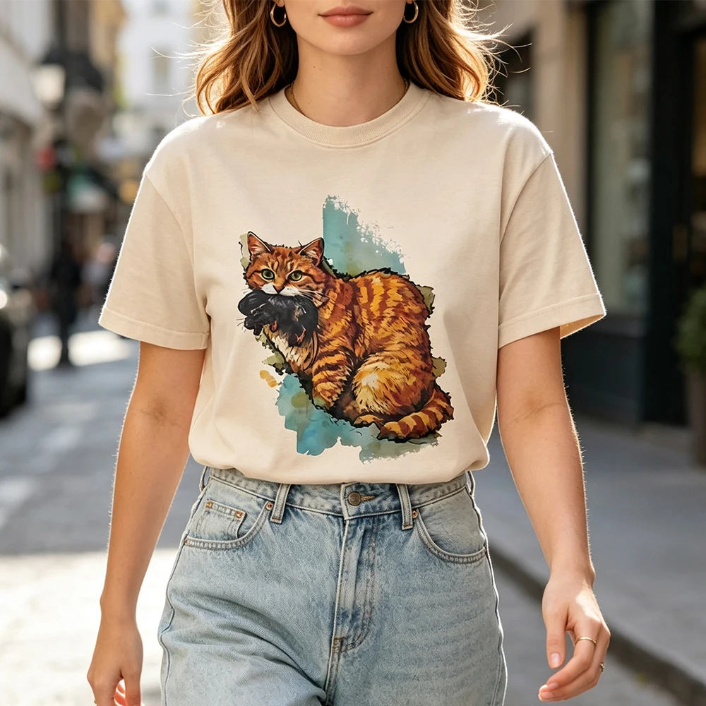 Orange Cat Watercolor Splash Illustration Printed Tshirt Men Women Fashion Crewneck Cotton Tee Tops Cat Lover Gift Short Sleeve