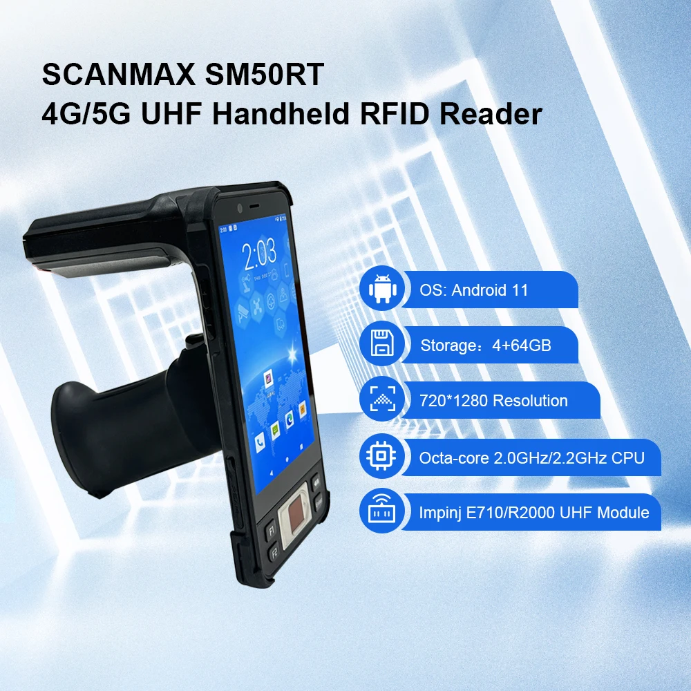 Scanmax SM50RT-Lecteur RFID UHF avec NDavid et lecteur d'empreintes digitales, 4 + 64 Go, Android 11, longue portée, déterminer