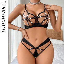 Toucheart Sexy Underwear For Women Lace Strap Ring Stitching Hollow Breathable Steel Ring Gathered Backless Sexy Lingerie Set