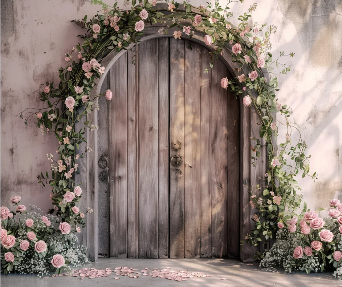 rustic arched wooden door flowers wedding bridal shower party photo background photography backdrops banner studio