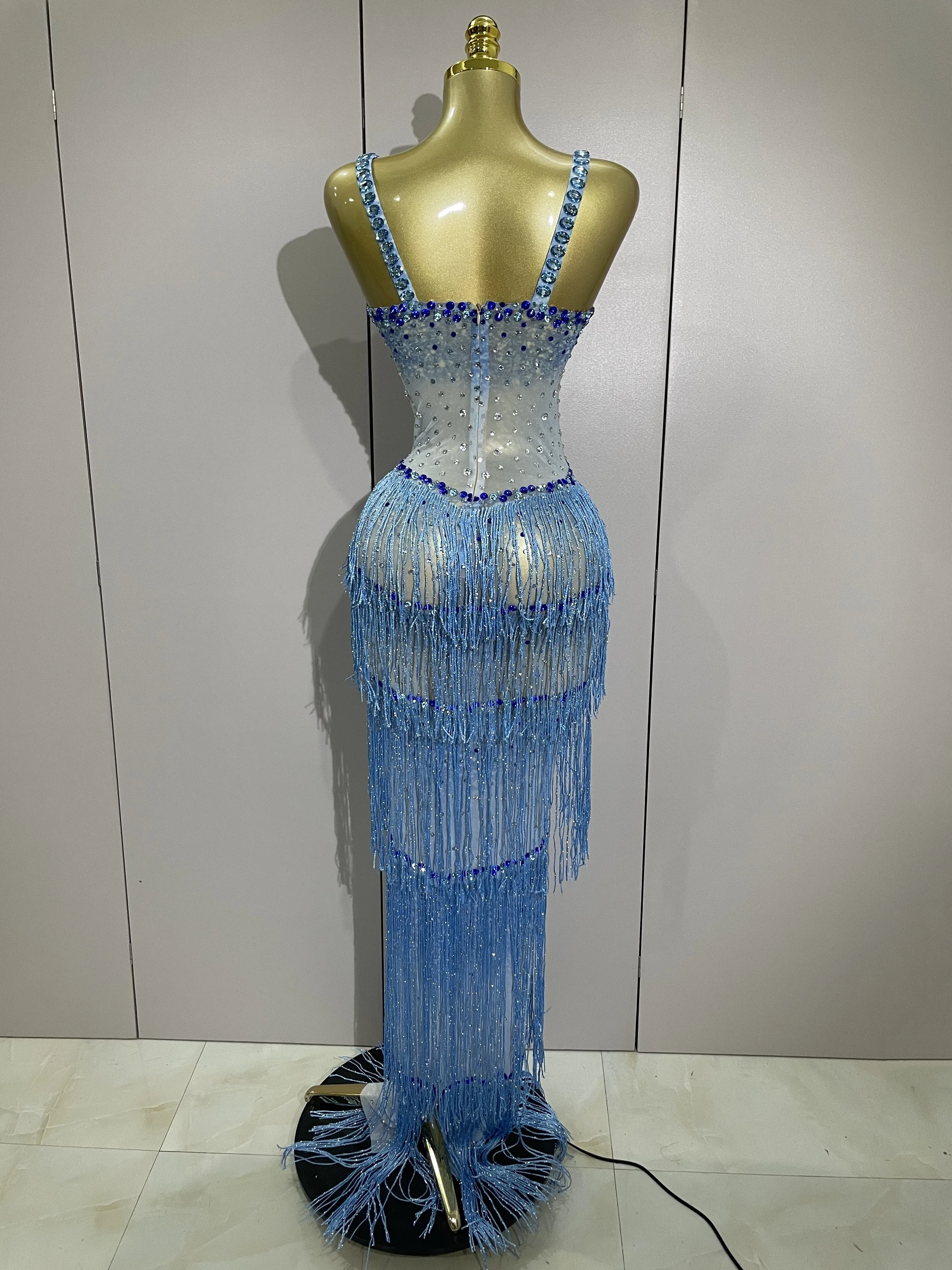 2025 Sparkly Rhinestones พู่เซ็กซี่ตาข่ายลื่นชุดยาวผู้หญิงฉลองชุดราตรีวันเกิด paty ชุดถ่ายภาพเวทีสวมใส่