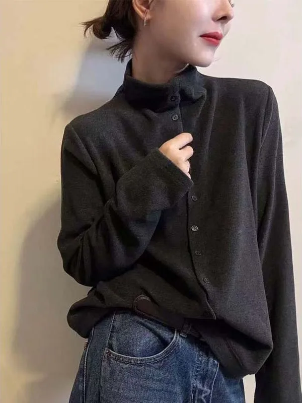 여성용 스탠드 칼라 긴팔 베이직 티셔츠 한국 패션 블라 V넥 풀오버 탑 다용도 가을 겨울...