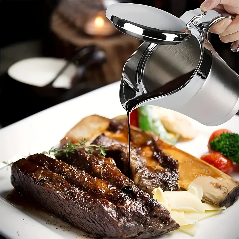 

1pc Elegant Dual-Insulated Stainless Steel Gravy Boat with Lid - Perfect for Pouring Sauces Creams,Ideal for Home Restaurant Use