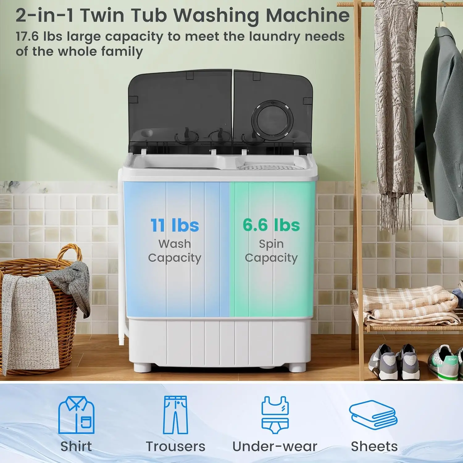 Portable Washing Machine 17.6 lbs Capacity Twin Tub 11 lbs Washer and 6.6 lbs Spinner with Control Knobs Timer Function Grey