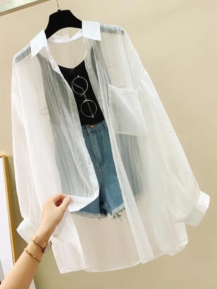 

Korean Fashion Summer Uv Protection Shirt Women's Lightweight Chiffon Blouse Harajuku See-Through Loose Cover-Up Cardigan