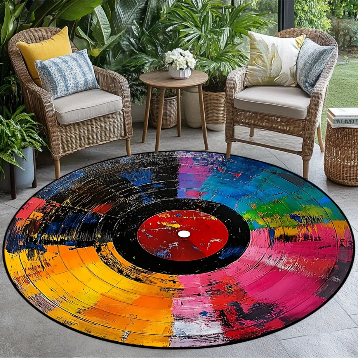 Fade-Resistant Vinyl Record Mat, Washable Music Decor Rug, Vibrant Graffiti Print for Living Room, Durable Polyester Fabric