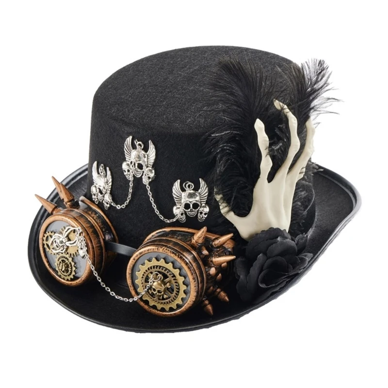 

Flat Top Hat with Hand Skeleton Steampunk Medieval Hat Halloween Girl Small Brims Fedoras Hat Stage Performances Hat