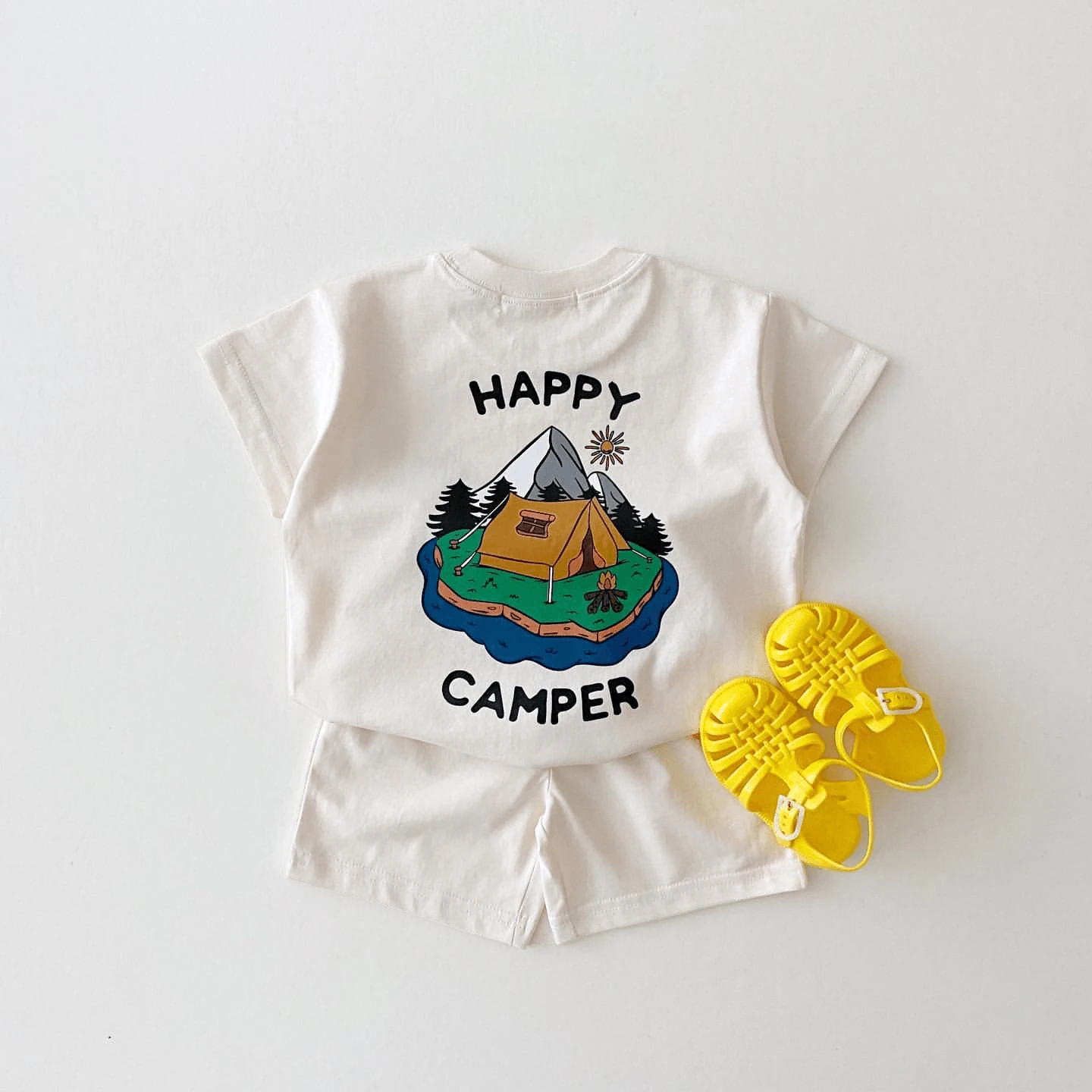 Korean Style Summer Toddler Kids Baby Boy Clothes Sets Two Sided Happy Camper Print T-shirt+Organic Cotton Shorts Girl Clothes