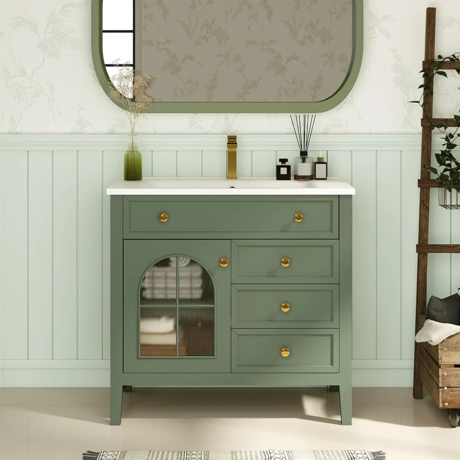 36 inch Bathroom Vanity with Sink, Mid Century Modern Freestanding Bathroom Cabinet with Ceramic Sink, 1 Flip Top, Customized