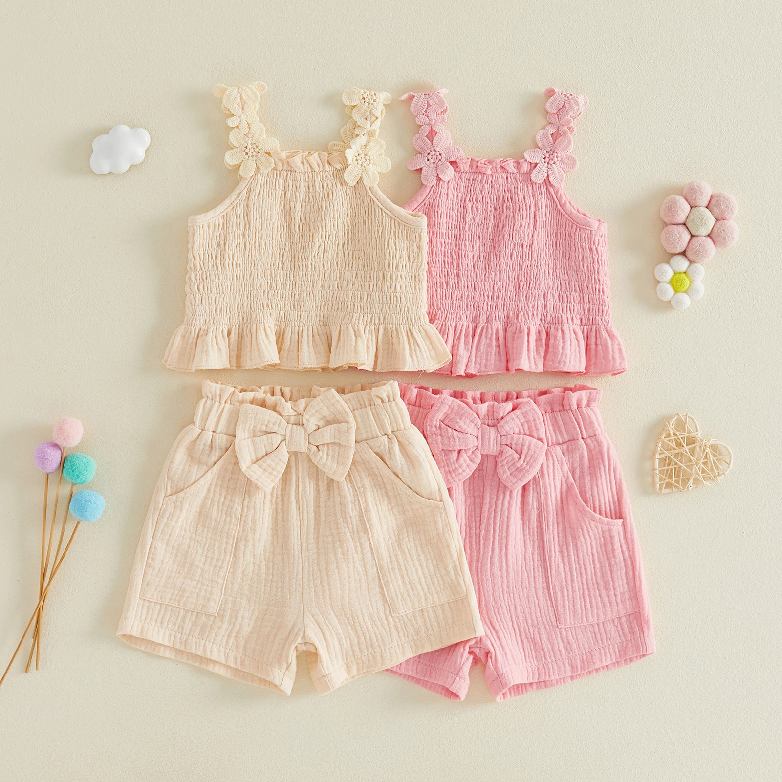 0-4Y Sweet Girls Summer 2 Piece Outfits Sleeveless Smocked Cami Tops Wide Leg Shorts with Bow Decor Clothes Sets