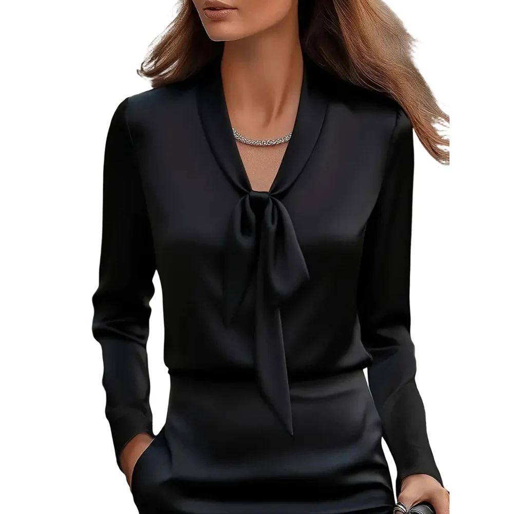 

Solid Color Womens Satin Shirt with Long Sleeves Pullover and Scarf Collar Elegant Design for Work Environment