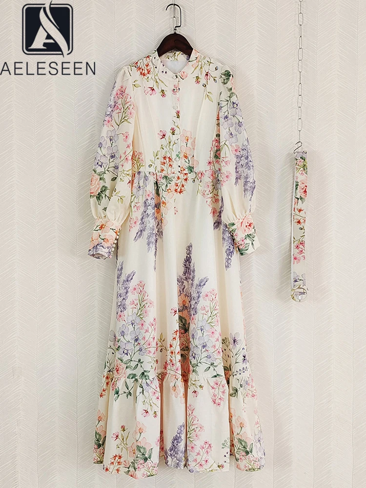 

AELESEEN Designer Fashion Long Dress Women Spring Lantern Sleeve Floral Print Single-breasted Belt Elegant Party Female