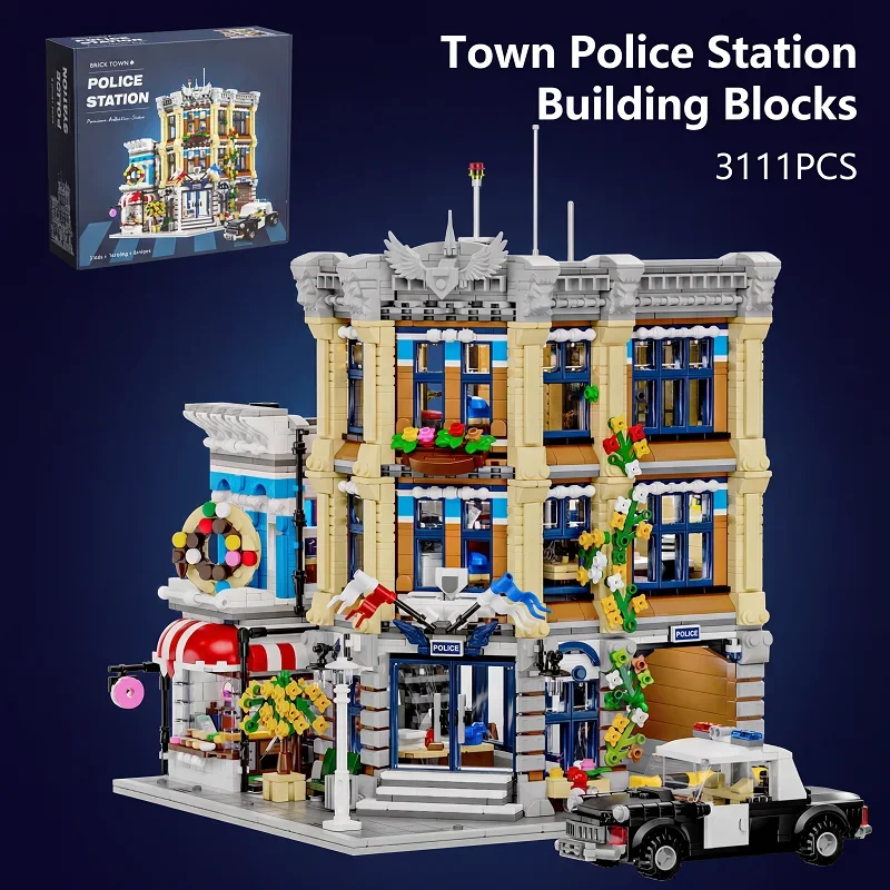 Town Police Station with 6 Figures Modular Buildings Blocks City Center Street View Apartment Store Architecture Brick Model Kit Boys Toy Adults Kid Gift 3111PCS