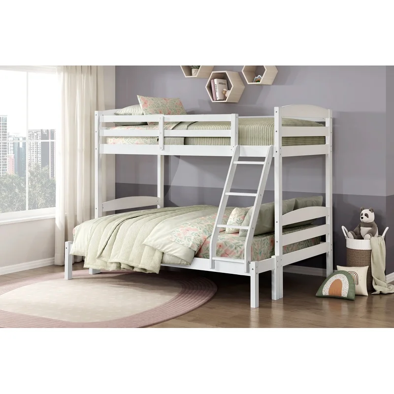 

White Wooden Twin Over Full Bunk Bed with Safety Rails for Youth Bedroom
