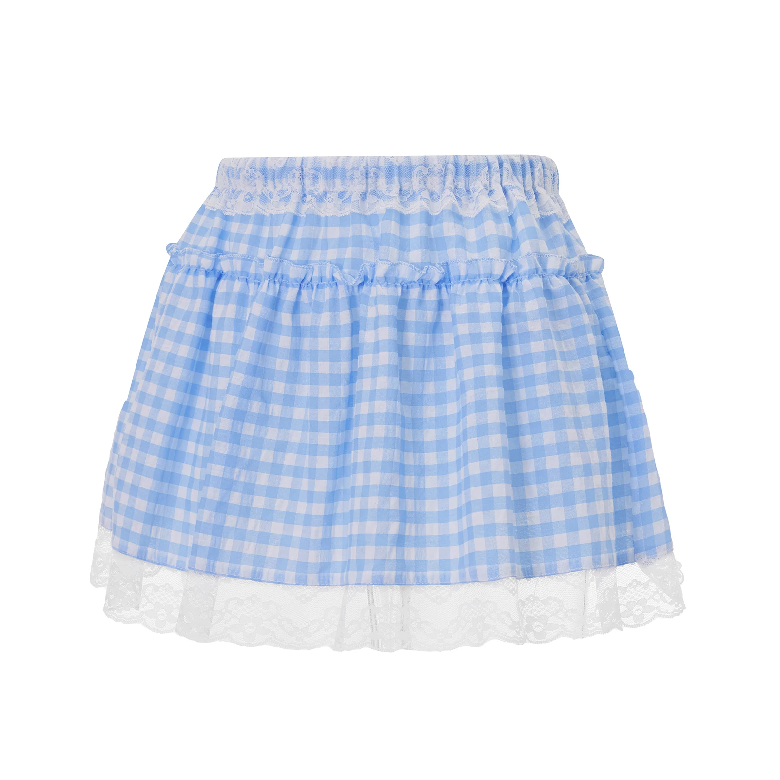 

Women Plaid Short Skirts Sweet Floral Lace Patchwork Frill Trim A-Line Hem Mini Skirts