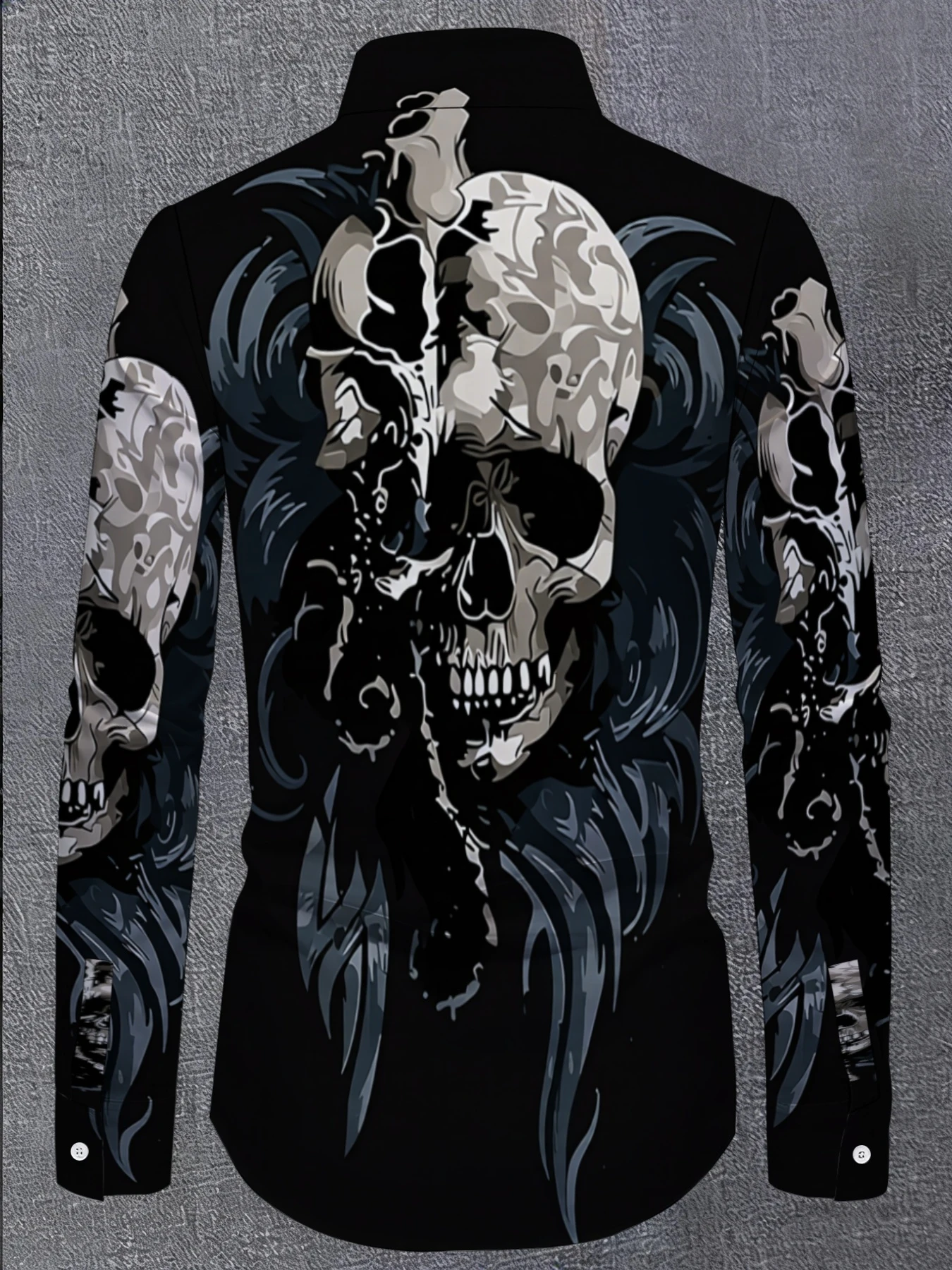 Men Long-Sleeve Button-Down Shirt Black Silver Grey Skull Smoke Vine Print Polyester Lapel Collar Gothic Party Top