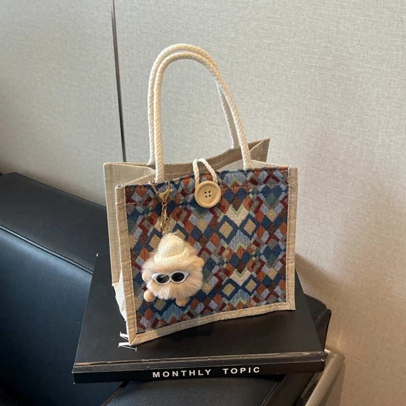 

Mini Linen Handbag Tote Bag Ladies Button Handheld Square Pouch Button Luxury Designer Small Portable Travel Shopping Bag