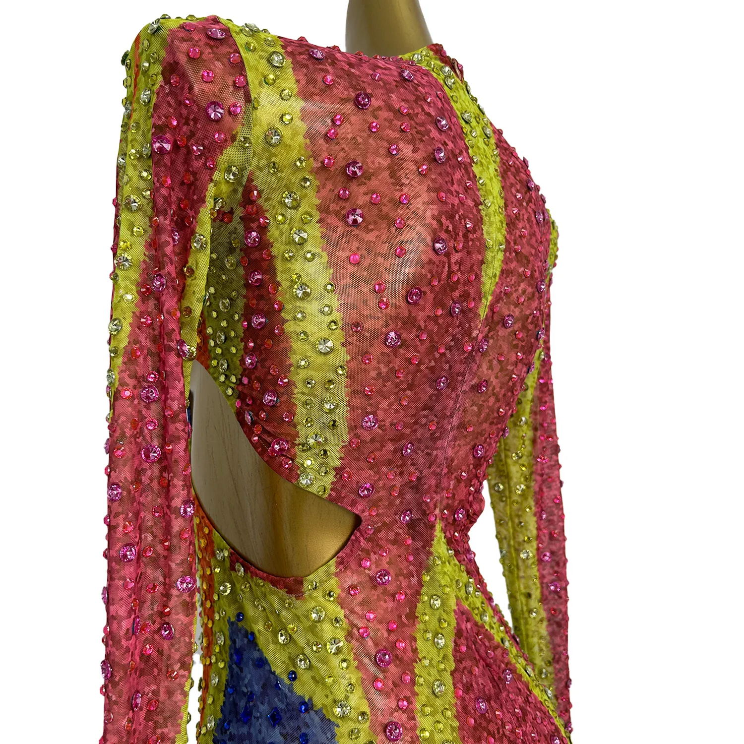 섹시한 컬러 라인스톤 생일 파티 이브닝 연회 롱 드레스 여성용 컷아웃 프롬 가운 플로어 기장 디너 파티 드레스 클럽웨어